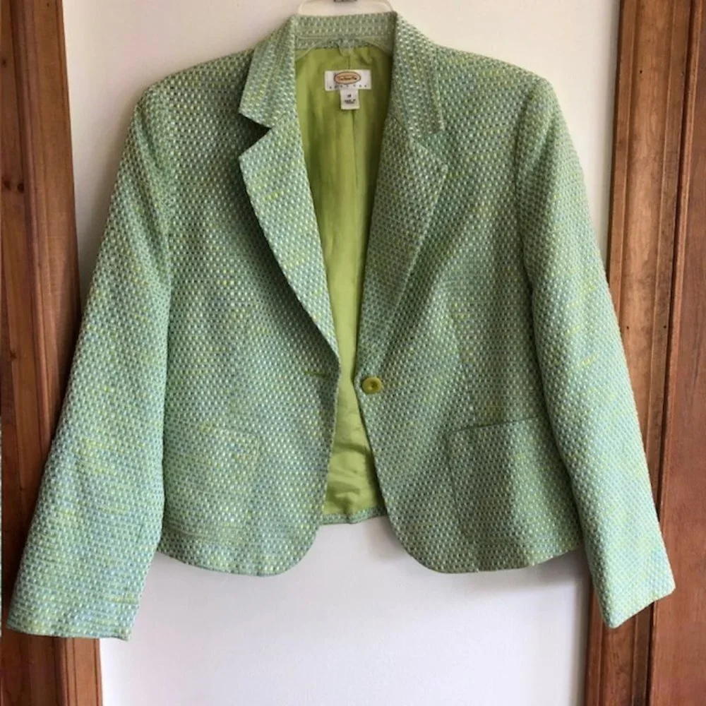 TALBOTS Tweed Green Blue Yellow Long Sleeve Lined Single Breasted Blaz…